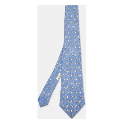 Hermès Blue Whimsical Chickens Print Silk Classic Tie