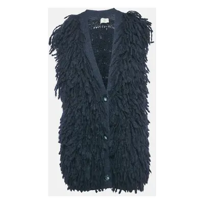 Stella McCartney Navy Blue Wool Fringed Sleeveless Cardigan