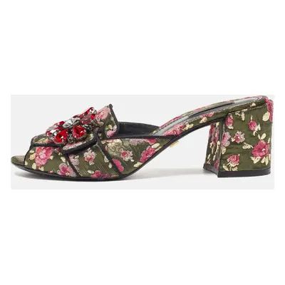 Dolce & Gabbana Black Brocade Fabric Floral Print Slide Sandals Size