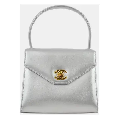 Chanel Silver Lambskin Top Handle Handbag