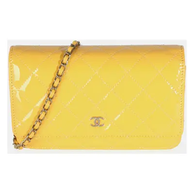 Chanel 23A Yellow Quilted Patent Classic Wallet On Chain