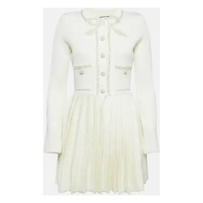 Self-Portrait Cream Knit Bow Embellishment Detail Pleated Mini Dress