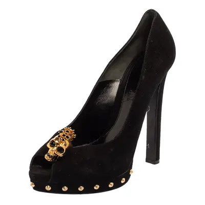 Alexander McQueen Black Suede Skull Embellished Peep Toe Pump Size 40.5