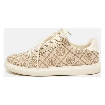 Tory Burch Beige Canvas and Leather T Monogram Lace Up Sneakers Size