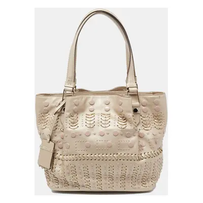 Tod's Metallic Beige Leather Studded Flower Tote