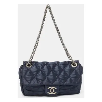 Chanel Navy Blue Quilted Satin Medium Classic Single Flap Bag