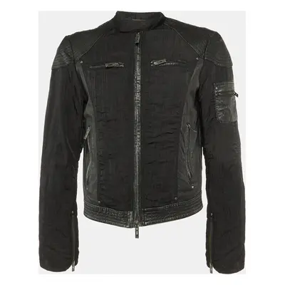 Emporio Armani Misura Black Leather & Nylon Paneled Biker Jacket