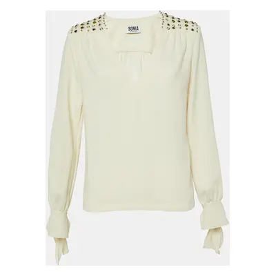 Sonia by Sonia Rykiel Cream Crepe Embellished V-Neck Top