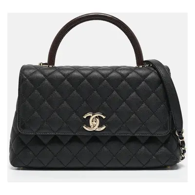 Chanel Black/Burgundy Quilted Caviar and Lizard Embossed Leather Small Coco Top Handle Bag