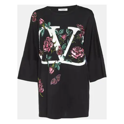 Valentino Black V Logo Embellished Cotton Ruched Waist T-Shirt