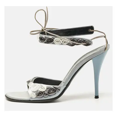 Casadei Grey Satin Floral Ankle Tie Up Sandals Size