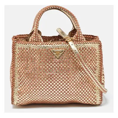 Prada Gold/Brown Woven Madras Leather Snap Tote