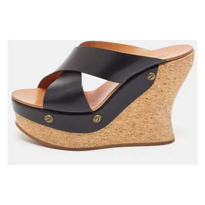 Chloe Black Leather Cork Wedge Sandals Size