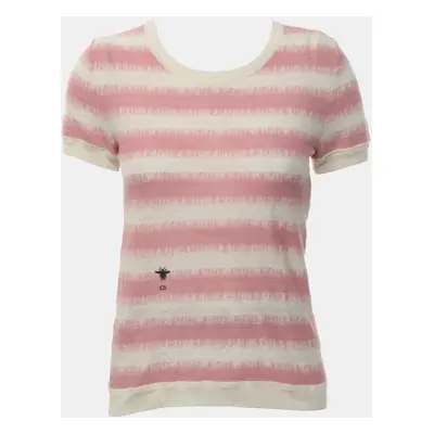 Dior Pink, Cream Linen, Cashmere, Silk, Polyamide Knitted Bee Embroidered T-Shirt IT