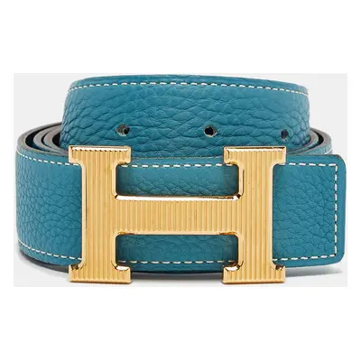 Hermes Bleu Jean/Noir Togo and Chamonix Leather H Striee Buckle Reversible Belt