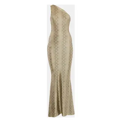 Alek Adorian Couture Beige Snake Print Jersey Asymmetric One-Shoulder Maxi Dress