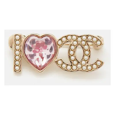 Chanel CC I Love You Faux Pearl Resin Gold Tone Brooch