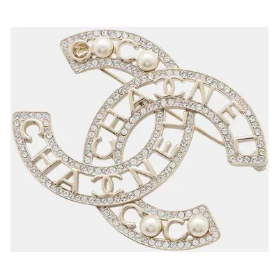 Chanel Gold Plated/Strass Cc Logo Pearl Brooch