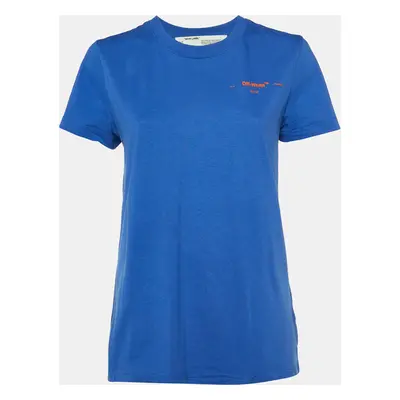 Off-White Blue Coral Embroidered Cotton Crew Neck T-Shirt