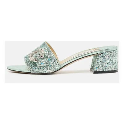 Jimmy Choo Green Glitter Crystal Embellished Slide Sandals Size