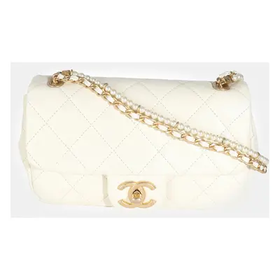 Chanel White Shiny Quilted Lambskin Pearl Chain Mini Flap Bag