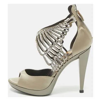 Roberto Cavalli Grey Satin Embellished Crystal Embellished Ankle Strap Sandals Size