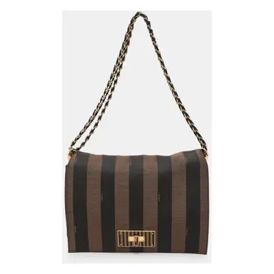 Fendi Tobacco Pequin Stripe Canvas Large Claudia Shoulder Bag