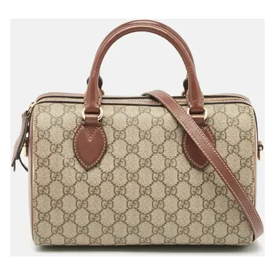 Gucci Brown/Beige GG Supreme Canvas and Leather Small Boston Bag