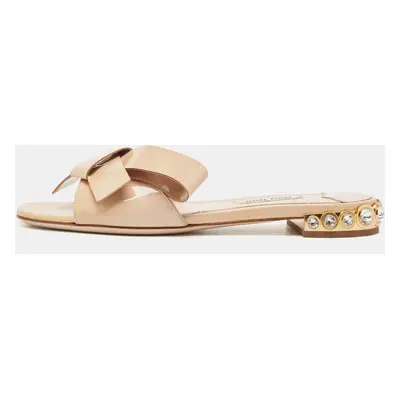 Miu Miu Beige Patent Leather Bow Crystal Embellished Flat Slides Size