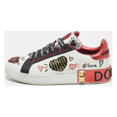 Dolce & Gabbana Multicolor Leather Amore Heart Embroidered Low Top Sneakers Size