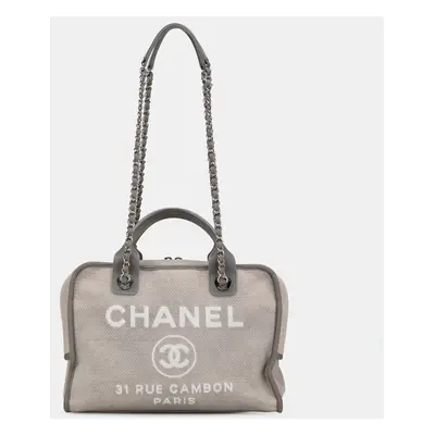 Chanel Grey Large Canvas Deauville Bowling Satchel