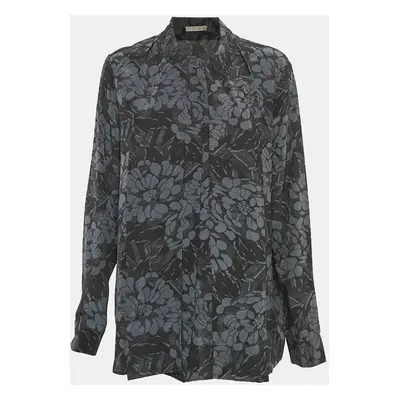 Bottega Veneta Blue/Black Printed Silk Tie-Up Collar Shirt