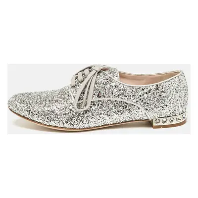 Miu Miu Silver Glitter Crystal Embellished Heels Lace Up Derby Size