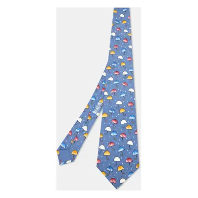 Hermès Blue Umbrella Print Silk Tie