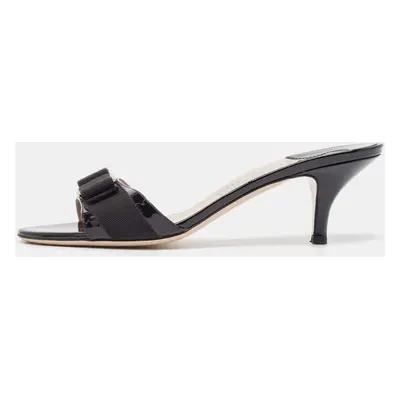 Salvatore Ferragamo Black Patent Leather Glory Bow Slide Sandals Size 38.5