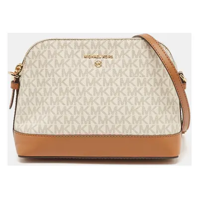 Michael Kors White/Brown Signature Coated Canvas and Leather Dome Crossbody Bag