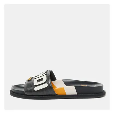 Fendi Black Leather Mania Motif Flat Slide Sandals Size 36.5