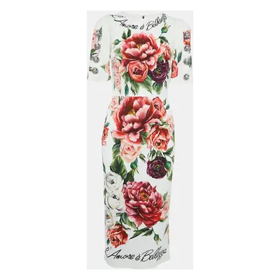 Dolce & Gabbana Multicolor Floral Print Crepe Brooch Detail Midi Dress