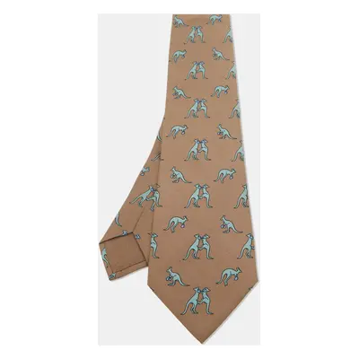 Hermes Beige/Blue Boxing Kangaroo Print Silk Classic Tie