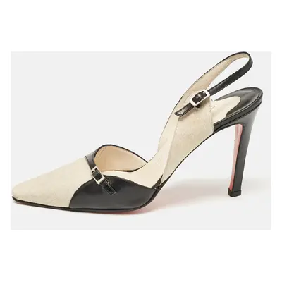 Christian Louboutin Black/White Canvas and Leather Slingback Pumps Size