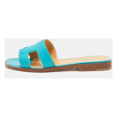 Hermes Turquoise Leather Oran Flat Slides Size