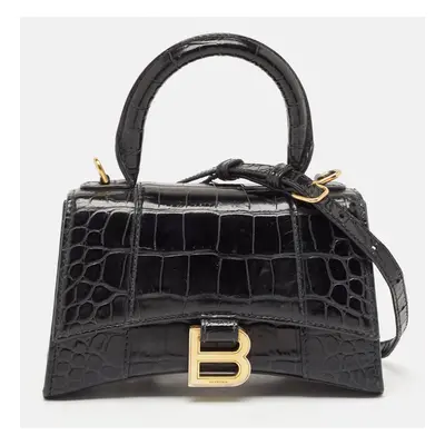 Balenciaga Black Croc Embossed Leather Hourglass Top Handle Bag