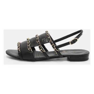 Chanel Black Leather CC Chain Link Flat Slingback Sandals Size