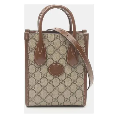 Gucci Beige Brown Coated Canvas Leather GG Supreme Tote Bag