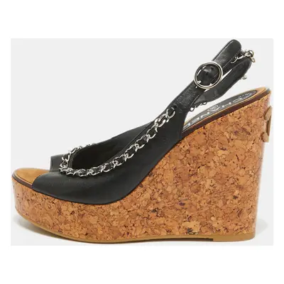 Chanel Black Leather CC Chain Link Cork Platform Wedge Sandals Size