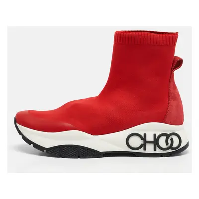 Jimmy Choo Red Knit Fabric and Suede Raine Sock Sneakers Size