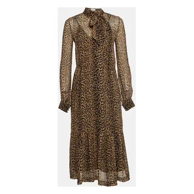 Saint Laurent Brown Leopard Print Chiffon Midi Dress