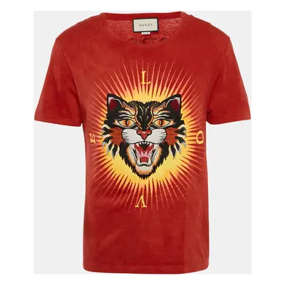 Gucci Red Angry Cat Embroidered Cotton Jersey T-Shirt