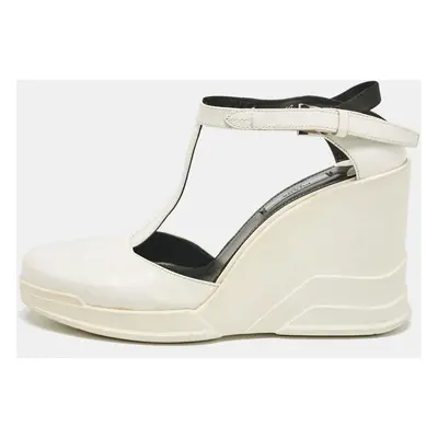 Prada White Leather T-Strap Wedge Sandals Size