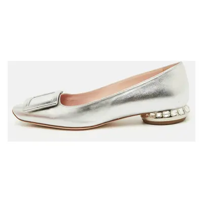 Roger Vivier Silver Leather Jewel Heel Ballet Flats Size